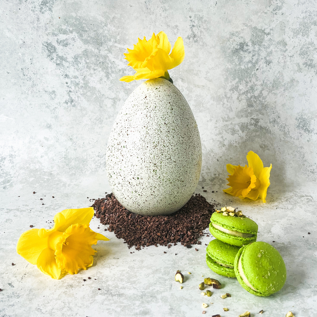 Pistachio Macaron Filled Chocolate Easter Egg