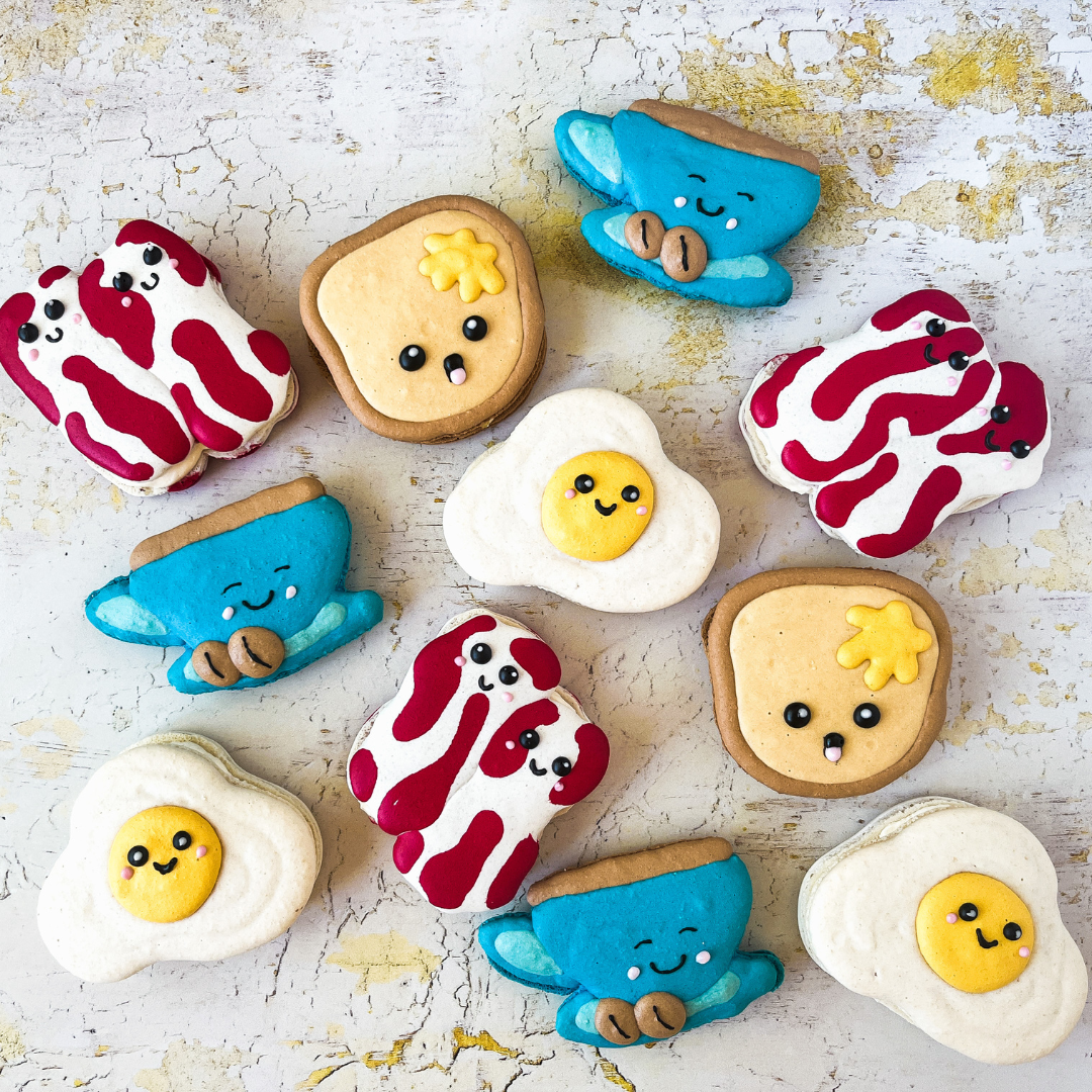 Selection of breakfast themed character macarons